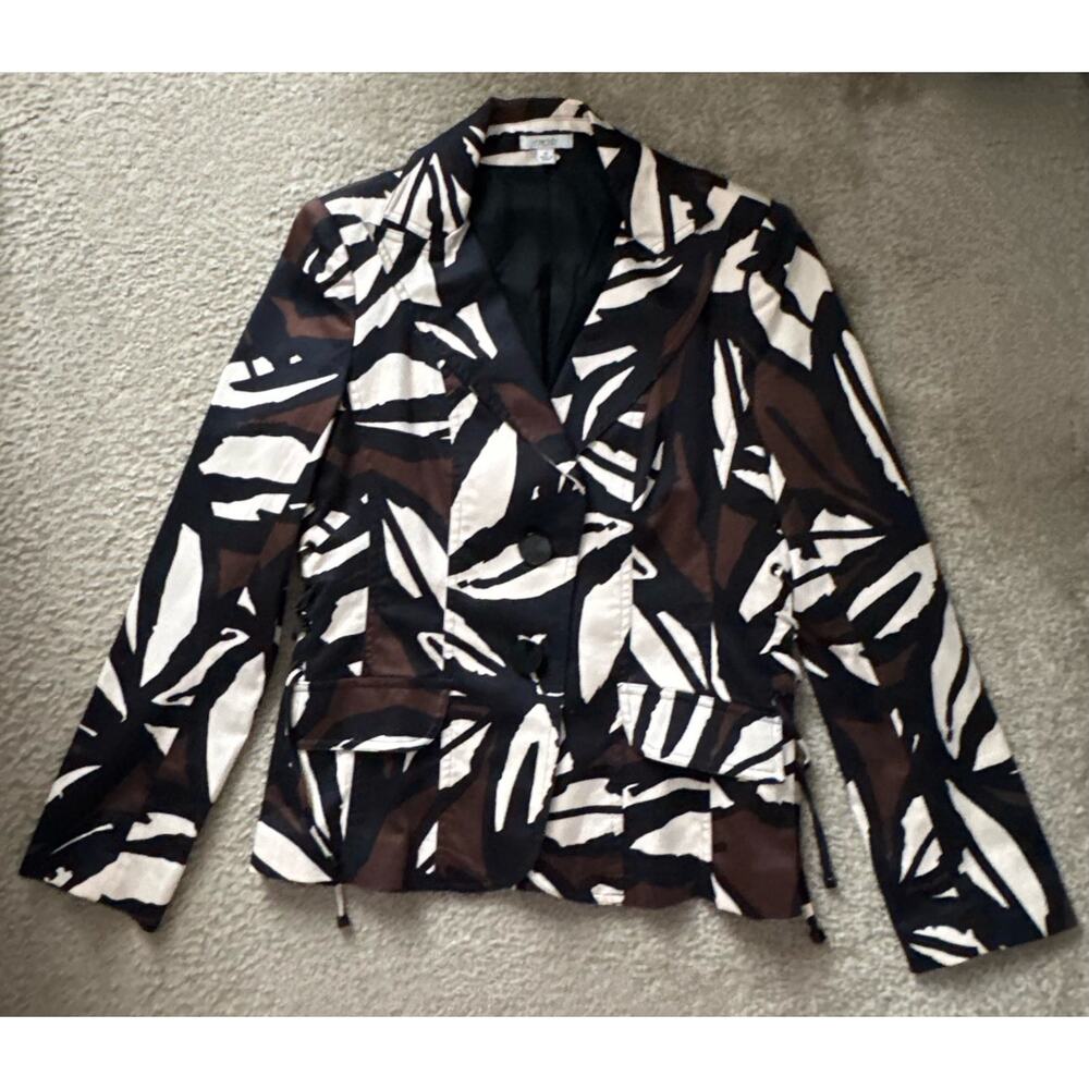 Vintage Cache Womens Single Breasted Lace Up Blazer Med Black Mod Print Cotton
